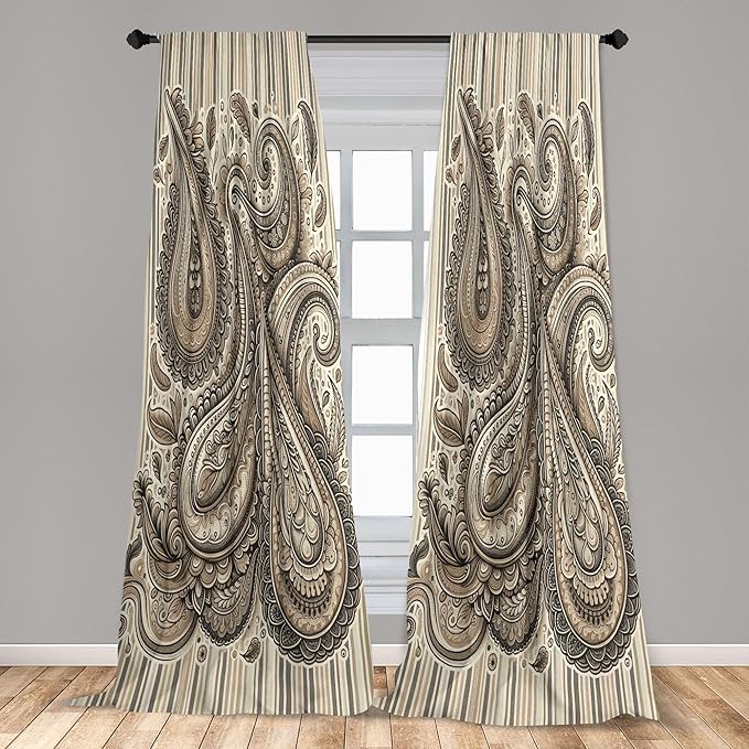 Ambesonne Paisley Curtains, Delicate Bohemian Leafy Motives on Stripes in Neutral Muted Colors, Window Treatments 2 Panel Set for Living Room Bedroom, Pair of - 28" x 84", Warm Taupe Ivory and Sepia