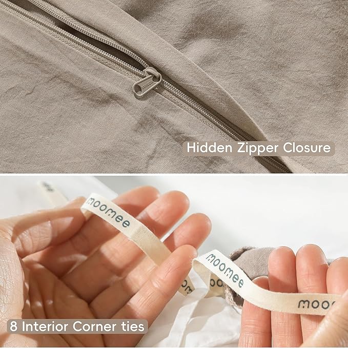 MooMee Bedding Duvet Cover Set 100% Washed Cotton Linen Like Textured Breathable Durable Soft Comfy (Heathered Taupe, Oversized Queen 98"x98")