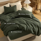 Bedsure 100% Cotton Duvet Cover Queen Size with Fitted Sheet - 4 Pieces Olive Green Waffle Weave Bedding Set, GentleSoft™ and Breathable, Includes 1 Duvet Cover 90x90, 1 Fitted Sheet, 2 Pillow Shams