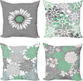Ambesonne Floral Throw Pillow Cushion Case Pack of 4, Flower Petals Modern Color Palette Chamomile Peony Dahlia and Sunflower Print, Modern Accent Double-Sided Digital Printing, 24", Sea Green Grey