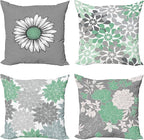 Ambesonne Floral Throw Pillow Cushion Case Pack of 4, Flower Petals Modern Color Palette Chamomile Peony Dahlia and Sunflower Print, Modern Accent Double-Sided Digital Printing, 24", Sea Green Grey