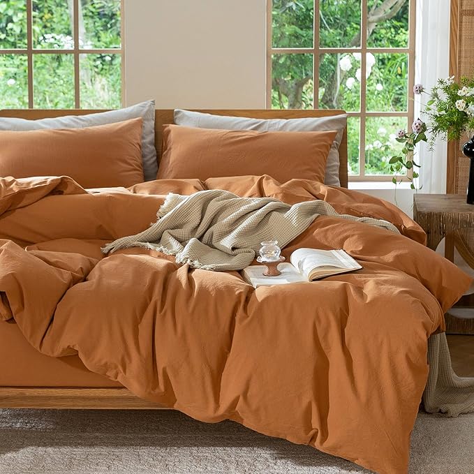 MooMee Bedding Duvet Cover Set 100% Washed Cotton Linen Like Textured Breathable Durable Soft Comfy (Solid Burnt Orange, Super King 108"x98")