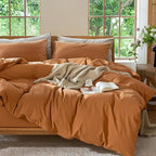 MooMee Bedding Duvet Cover Set 100% Washed Cotton Linen Like Textured Breathable Durable Soft Comfy (Solid Burnt Orange, Twin 68"x90")