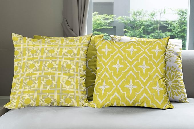 Ambesonne Vintage Throw Pillow Cushion Case Pack of 4, Monochrome Design Grid Trellis Quatrefoil Mesh and Dahlia Flowers Modern Print, Modern Accent Double-Sided Digital Printing, 18", Yellow White