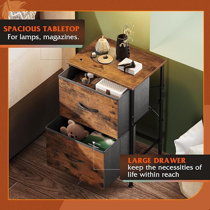 WLIVE Night Stand Set 2, Dresser and Nightstand Sets, Nightstands with 2 Fabric Drawers, End Tables for Bedroom, Bedside Furniture, College Dorm, Rustic Brown Wood Grain Print, Size L