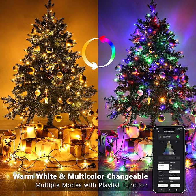BrizLabs Smart Christmas Lights, 33FT 100 LED Color Changing String Lights APP/Voice Control, Warm White & Colored Dimmable Christmas Tree Light Music Fairy Light for Xmas Indoor Outdoor Home Decor