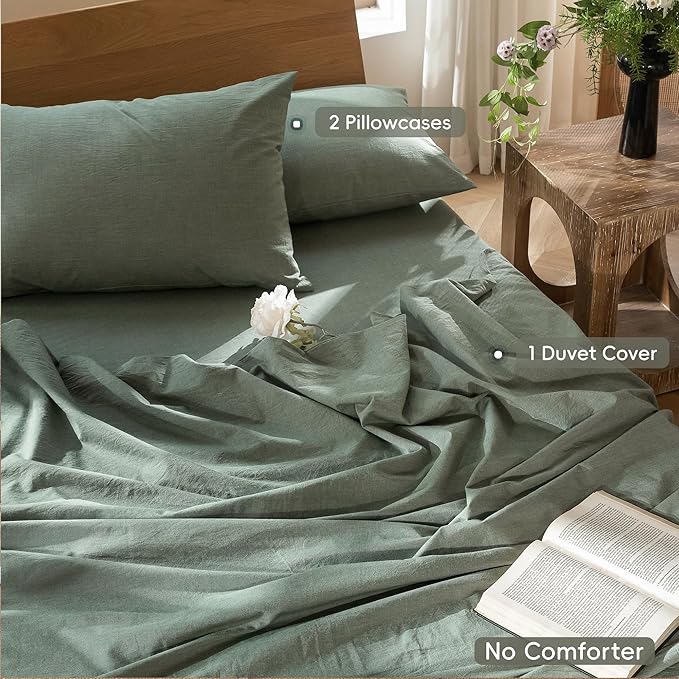 MooMee Bedding Duvet Cover Set 100% Washed Cotton Linen Like Textured Breathable Durable Soft Comfy (Heathered Green, Queen 90"x90")