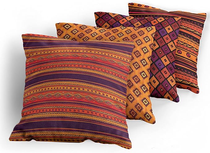Ambesonne Ethnic Throw Pillow Cushion Case Pack of 4, Tribal Folkloric Pattern of Geometric Forms Shapes and Stripes Print, Modern Accent Double-Sided Digital Printing, 24", Orange Plum