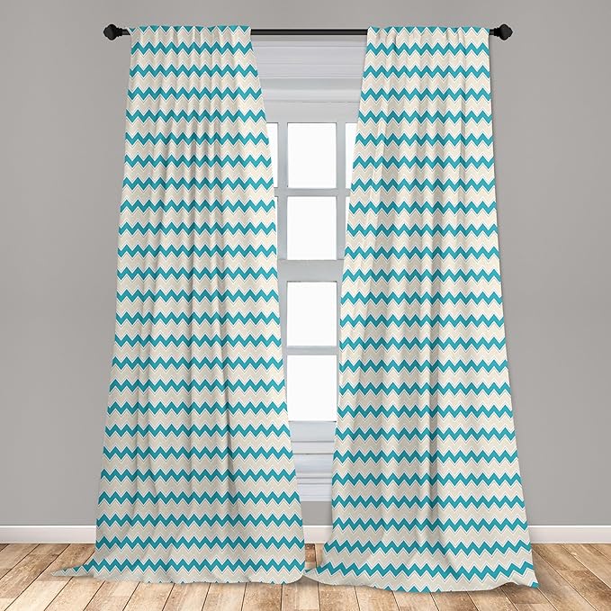 Ambesonne Teal Curtains, Horizontal Zigzag Lines Chevron Triangles Pattern Simple Classical Geometric Design, Window Treatments 2 Panel Set for Living Room Bedroom, Pair of - 28" x 63", Cream Teal