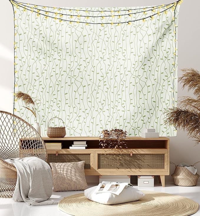 Lunarable Green and Beige Tapestry, Green Leaves on Skinny Tangled Sprigs Fresh Nature Theme Foliage, Wall Hanging for Bedroom Living Room Dorm Decor, 60" X 80", Pistachio Green