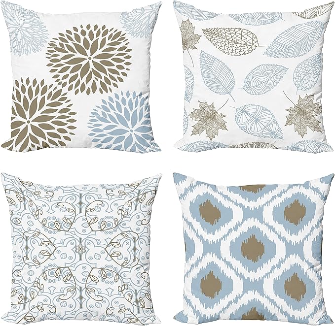 Ambesonne Vintage Throw Pillow Cushion Case Pack of 4, Bohemian Ornamental Leaves Dahlia Pattern Geometric Art Curlicue Motif, Modern Accent Double-Sided Digital Printing, 18", Blue Grey and Cocoa