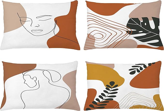 Ambesonne Minimal Throw Pillow Cushion Case Pack of 4, Modern Line Art Woman Portrait with Contemporary Leafy Geometric Details, Modern Accent Double-Sided Printing, 20" x 12", Rust Tan and Mustard