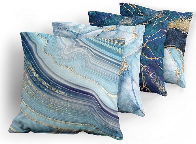 Ambesonne Marble Print Throw Pillow Cushion Case Pack of 4, Modern Themed Pastel Stone Stain Look Veins Aquatic, Tones for Decorative Home Accent Double-Sided Digital Printing, 16", Pale Blue Indigo