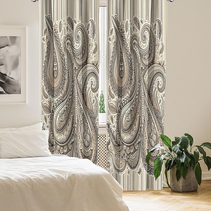 Ambesonne Paisley Window Curtains Pack of 2, Delicate Bohemian Leafy Motives on Stripes in Neutral Muted Colors, Lightweight Set with Rod Pocket, 4 Panels of - 28" x 84", Warm Taupe Ivory and Sepia