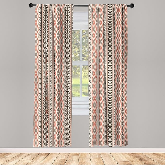 Ambesonne Southwestern Window Curtains, Traditional Vertical Borders Inspired by Prehistoric Art Ikat Style, Lightweight Decorative Panels Set of 2 with Rod Pocket, Pair of - 28" x 95", Brown Coral
