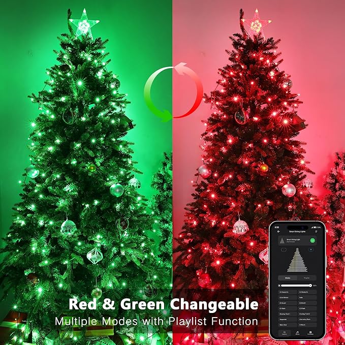 Brizled Smart Christmas Lights, 66FT 200 LED Color Changing Christmas Tree Lights App & Voice Control, Dimmable Red & Green WiFi Xmas String Light Music Sync for Indoor Outdoor Xmas Tree Wedding Party