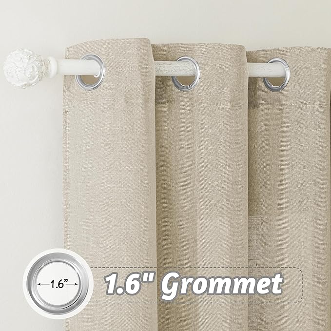 RYB HOME Flax Linen Blend Curtains - Semi Translucent Privacy Kitchen Curtains, Light Glare Control Window Drapes for Bathroom Closet Nursery, 52" W x 63" L, 2 Pcs, Beige