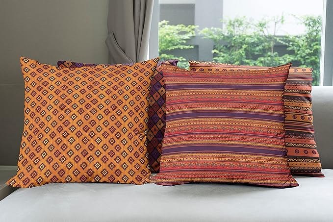 Ambesonne Ethnic Throw Pillow Cushion Case Pack of 4, Tribal Folkloric Pattern of Geometric Forms Shapes and Stripes Print, Modern Accent Double-Sided Digital Printing, 24", Orange Plum