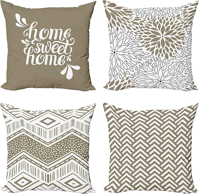 Ambesonne Geometric Throw Pillow Cushion Case Pack of 4, Home Phrase Minimal Zigzag Squama Dahlia Flowers Chevron Tribal, Modern Accent Double-Sided Digital Printing, 18", Cocoa White Charcoal Grey
