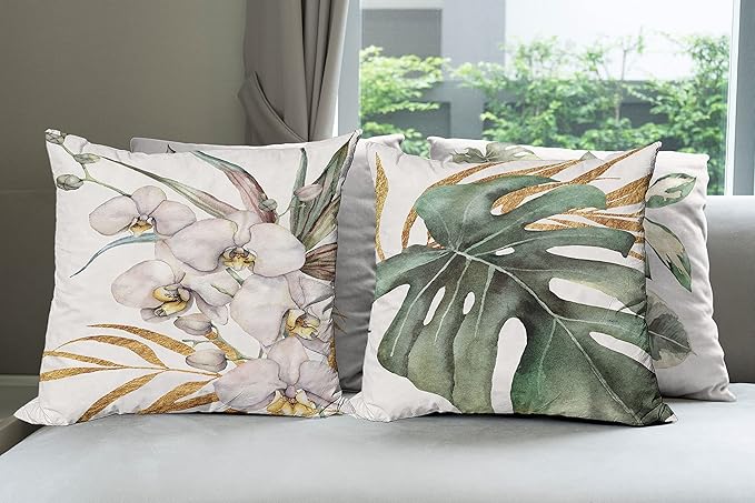 Ambesonne Vintage Tropical Throw Pillow Cushion Case Pack of 4, Retro Botanical Summer Vibes Monstera Leaf Orchid Flowers, Modern Accent Double-Sided Digital Printing, 20", Laurel Green Ginger Blush