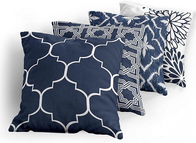 Ambesonne Vintage Throw Pillow Cushion Case Pack of 4, Quatrefoil Mesh Medieval Lattice Ornaments Ethnic Motive and Dahlia Flowers, Modern Accent Double-Sided Digital Printing, 16", Night Blue White