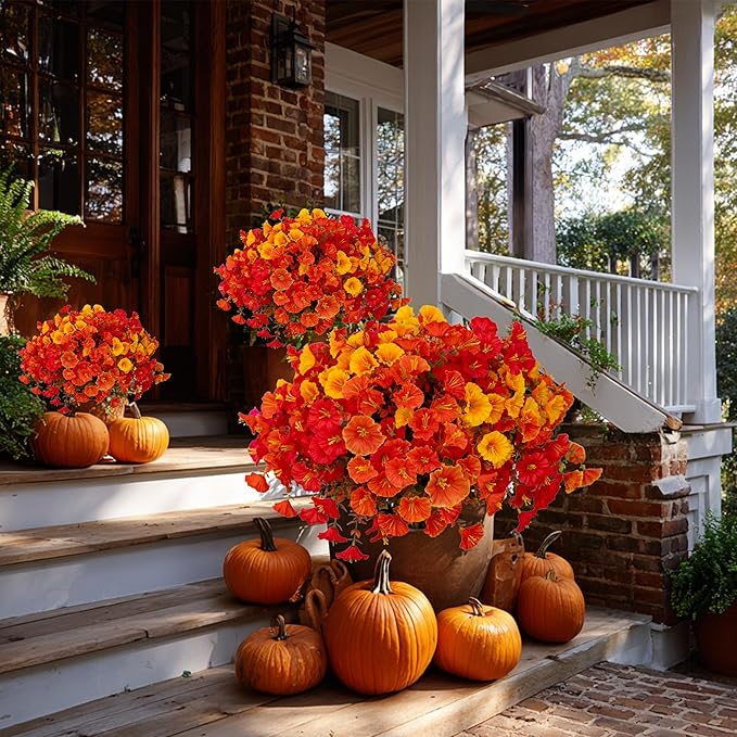 Artificial Fall Flowers Outdoor Fake Mums - 16 Bundles Fake Plants UV Resistant No Fade Faux Plastic Greenery Garden Morning Glory Home Decor (1, MixedFall 4 Colors)