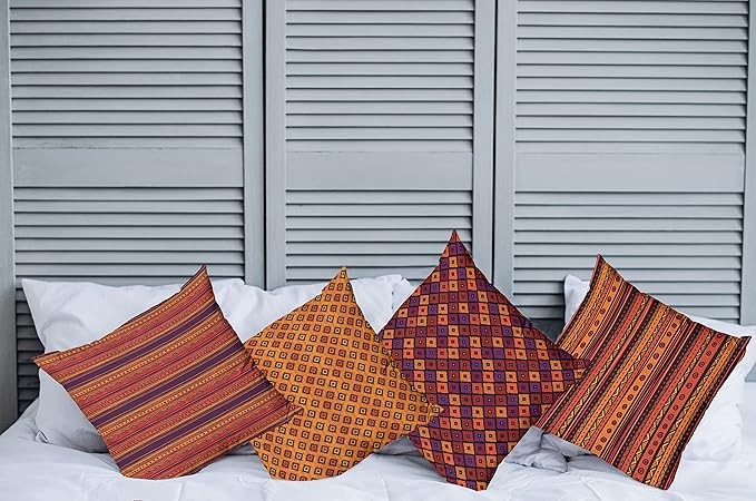 Ambesonne Ethnic Throw Pillow Cushion Case Pack of 4, Tribal Folkloric Pattern of Geometric Forms Shapes and Stripes Print, Modern Accent Double-Sided Digital Printing, 24", Orange Plum