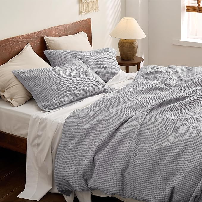 Bedsure Cotton Duvet Cover Queen - 100% Cotton Waffle Weave Grey Duvet Cover Queen Size, GentleSoft™ and Breathable Bedding Set for All Season, 3 Pieces, 90"x90"