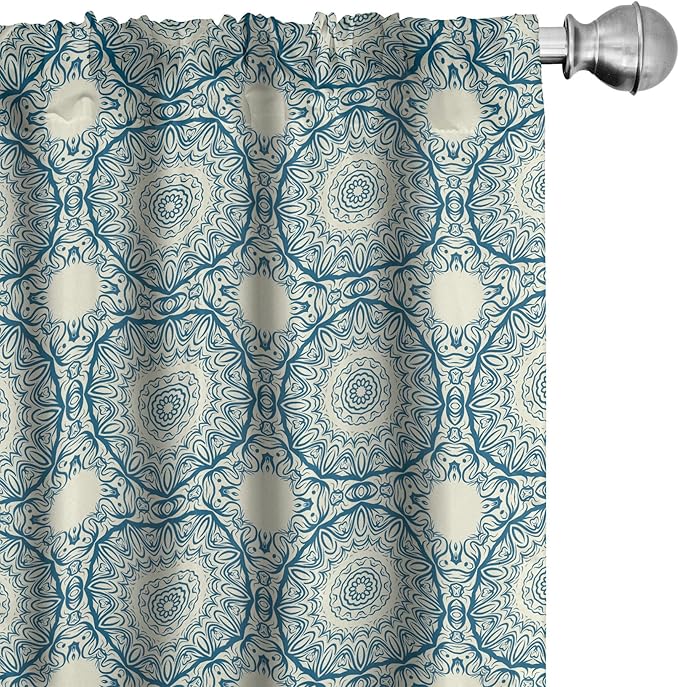 Ambesonne Circle Pattern Window Curtains, Wavy Bold Strokes Style Ornate Mandala Like Symmetrical Motif, Lightweight Decor 2-Panel Set with Rod Pocket, Pair of - 28" x 63", Petrol Blue Cream