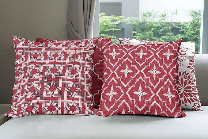 Ambesonne Vintage Throw Pillow Cushion Case Pack of 4, Monochrome Design Grid Trellis Quatrefoil Mesh and Dahlia Flowers Modern Print, Modern Accent Double-Sided Digital Printing, 18", Ruby and White