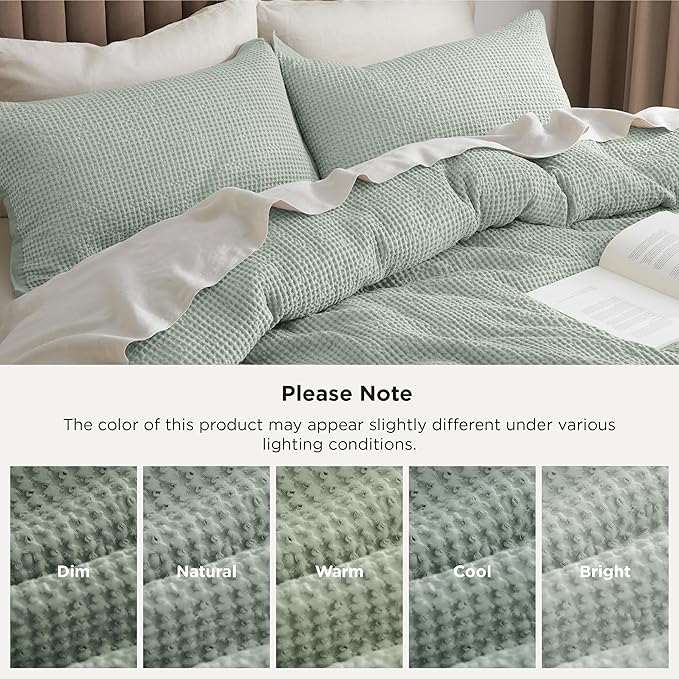 Bedsure Cotton Duvet Cover Queen - 100% Cotton Waffle Weave Sage Green Duvet Cover Queen Size, GentleSoft™ and Breathable Bedding Set for All Season, 3 Pieces, 90"x90"