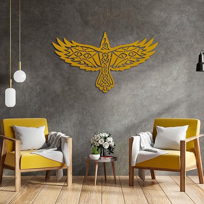 KAWA METALWORKS Nordic Viking Raven Metal Wall Art Decor, Norse Mythology Odin's Raven Wall Sculpture, Gold (Medium - 15.3" x 27" H x W)