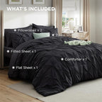 Bedsure King Size Comforter Set Black - Bed in a Bag Bedding Set 7 Pieces, GentleSoft™ Pintuck Bed Set Gift for Family, Pinch Pleat Black Comforter with Sheets, Pillowcases & Shams