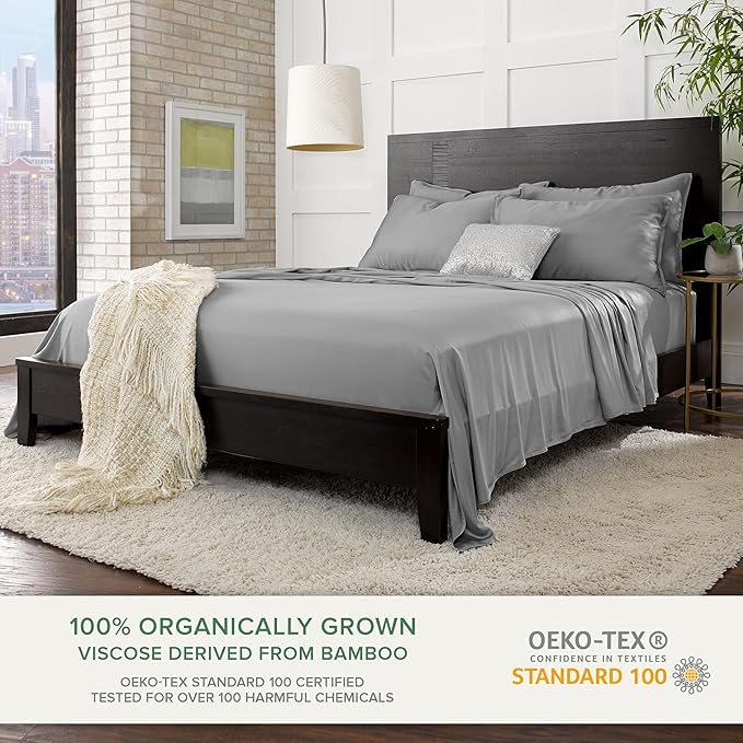 Short Queen Sheets by Pure Bamboo for RV Camper (60"x75") - Genuine 100% Organic Viscose Derived from Bamboo Bed Sheet Set, Soft & Cooling, Lifetime Quality Promise (Short Queen, Stone Grey)