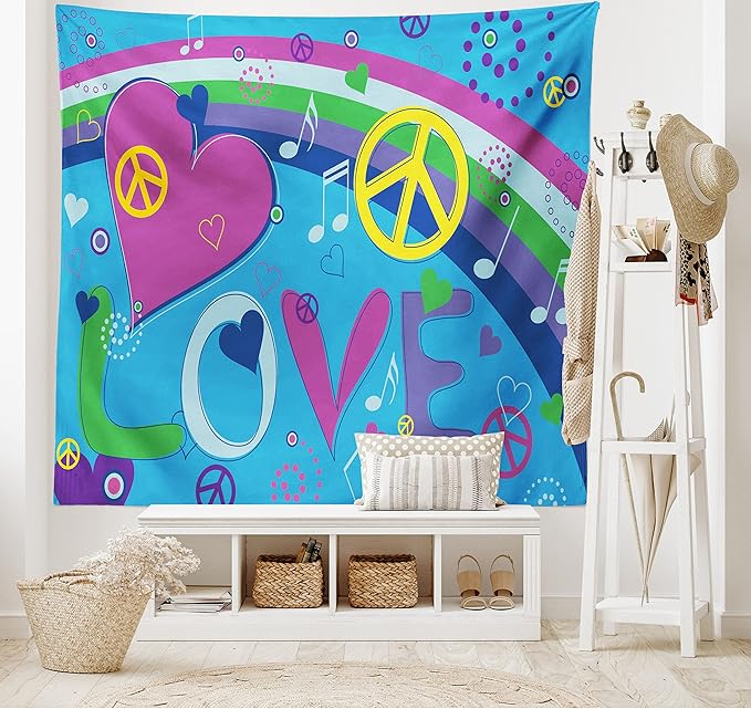 Ambesonne Groovy Tapestry, Love Peace and Hearts Music Notes Keys Typography Seventies Movement Print, Wide Wall Hanging for Bedroom Living Room Dorm, 80" X 60", Aqua Blue