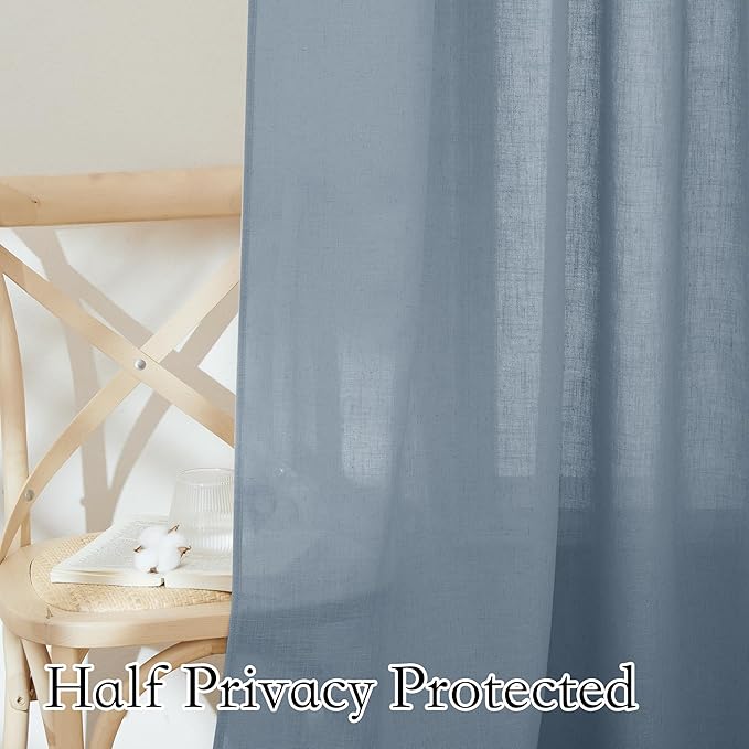 RYB HOME Semi Sheer Linen Curtains 108 inches Long, Light Filtering Airy Machine Washable Durable Vintage Window Decor for Living Room Bedroom Nursery, Dusty Blue, W 60 x L 108, 1 Pc