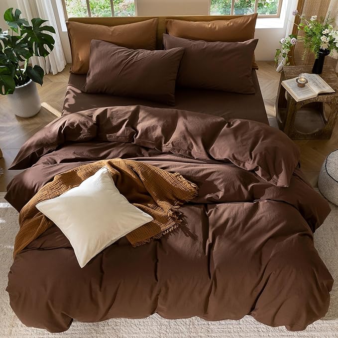 MooMee Bedding Duvet Cover Set 100% Washed Cotton Linen Like Textured Breathable Durable Soft Comfy (Solid Cocoa Brown, Twin 68"x90")
