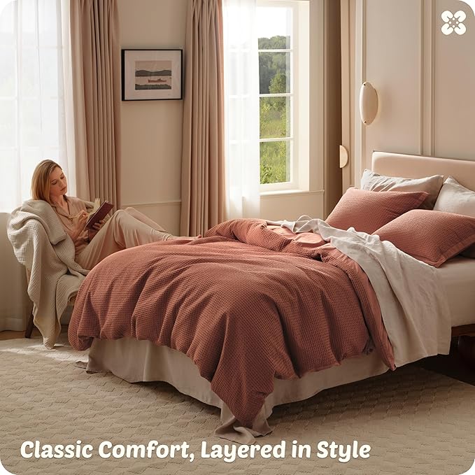Bedsure Cotton Duvet Cover King - 100% Cotton Waffle Weave Burnt Orange Duvet Cover King Size, GentleSoft™ and Breathable Bedding Set for All Season, 3 Pieces, 104"x90"