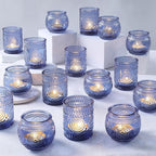 36 Pcs Blue Candle Holders Bulk- Blue Votive Candle Holders for Wedding Centerpieces, Assorted Glass Tea Lights Holders for Baby/Bridal Shower, Thanksgiving, Fall, Christmas Table Centerpieces Decor