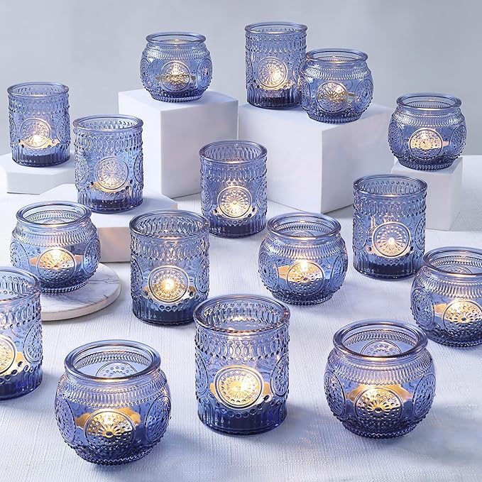 36 Pcs Blue Candle Holders Bulk- Blue Votive Candle Holders for Wedding Centerpieces, Assorted Glass Tea Lights Holders for Baby/Bridal Shower, Thanksgiving, Fall, Christmas Table Centerpieces Decor