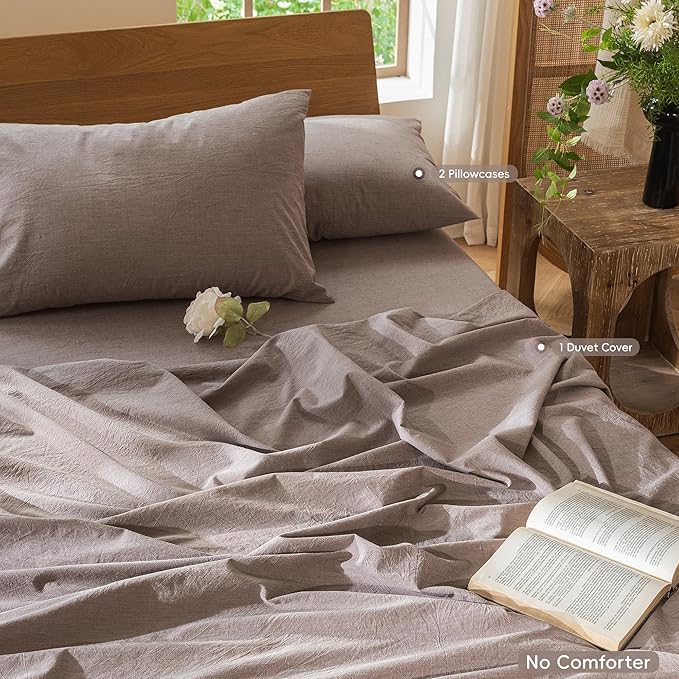 MooMee Bedding Duvet Cover Set 100% Washed Cotton Linen Like Textured Breathable Durable Soft Comfy (Heathered Mauve Brown, Palatial King/Oversized King 120"x98")