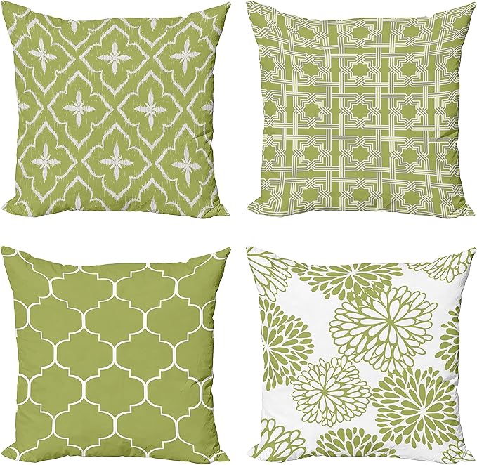 Ambesonne Vintage Throw Pillow Cushion Case Pack of 4, Monochrome Design Grid Trellis Quatrefoil Mesh and Dahlia Flowers Modern, Modern Accent Double-Sided Digital Printing, 16", Olive Green