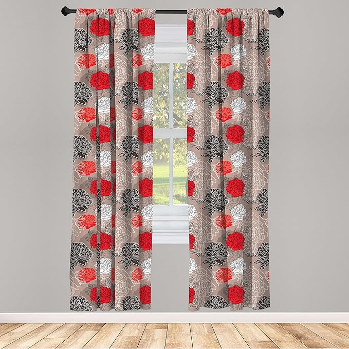 Ambesonne Floral Curtains, Blossoming Peonies Vintage Botanical Composition Abstract Petals and Buds, Window Treatments 2 Panel Set for Living Room Bedroom, Pair of - 28" x 63", Red Grey