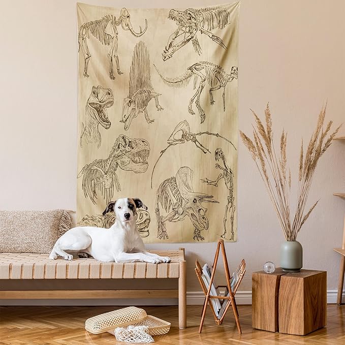 Lunarable Dinosaur Tapestry Twin Size, Hand Drawn Style Skeletons Bones from Medieval Times Archeology Theme, Wall Hanging Bedspread Bed Cover Wall Decor, Twin Size, Sand Brown Army Green