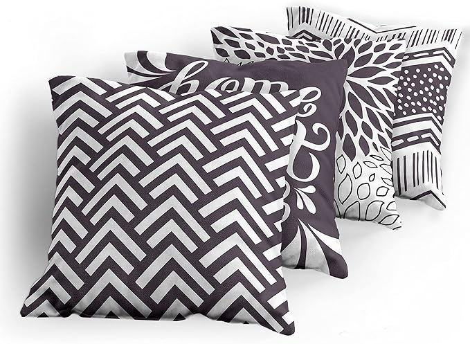 Ambesonne Geometric Throw Pillow Cushion Case Pack of 4, Home Phrase Minimal Zigzag Squama Dahlia Flower Petals Chevron Tribal, Modern Accent Double-Sided Digital Printing, 24", Dark Mauve and White