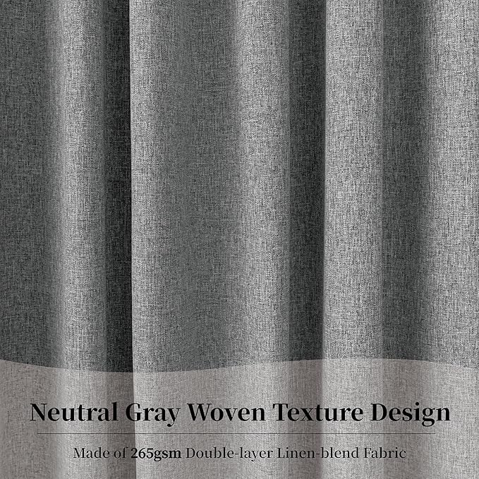 Neutral Grey Blackout Linen Curtains 90 Inches Long 2 Panels Set for Living Room, Rod Pocket/Hook Belt/Back Tab Room Darkening Soft Thick Linen Modern Curtains for Bedroom Dining, 52x90