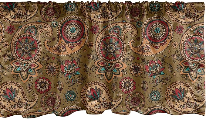 Ambesonne Paisley Window Valance Pack of 2, Vintage Inspired Multicolored Leaf Flower Motif in Earth Tones Print, Rod Pocket Curtain Valances for Kitchen Bedroom, 42" X 12", Army Green