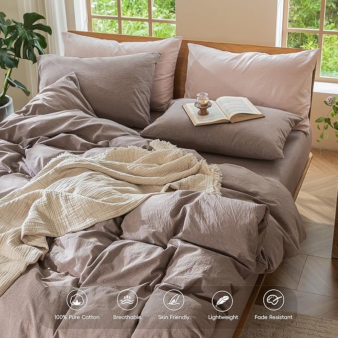 MooMee Bedding Duvet Cover Set 100% Washed Cotton Linen Like Textured Breathable Durable Soft Comfy (Heathered Mauve Brown, Palatial King/Oversized King 120"x98")
