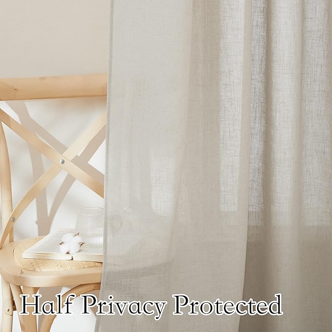 RYB HOME Extra Long Curtains - Solid Linen Curtains Breezy Hazy Vision Window Decor for Bedroom Canopy Bed Bathroom High Ceiling Sliding Glass Door Sheer Backdrop, 52 x 95, 1 Pair, Angora