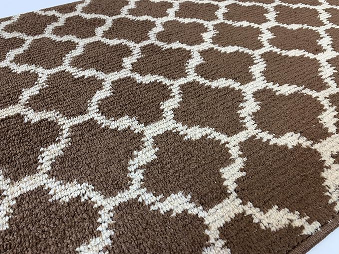 Custom Size Cut to Length Moroccan Trellis Design Runner Rug Mat For Wide Long Hallways with Non-Slip Rubber Backing, Better Traction for Pets, Prevent Slippage, Trellis Brown, 31 inch X 11 feet
